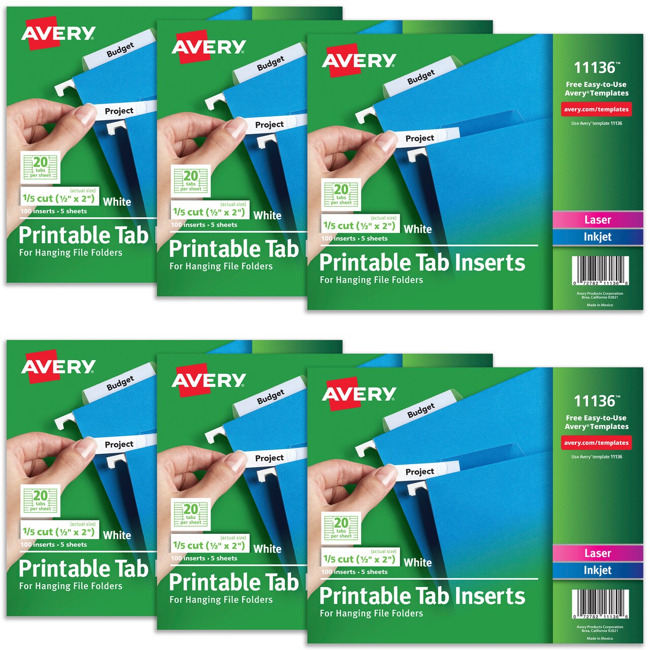 Avery WorkSaver Tab Inserts, 2 Inches, White, 100 Inserts Per Pack, 6 Packs, 600 Inserts Total (11136)
